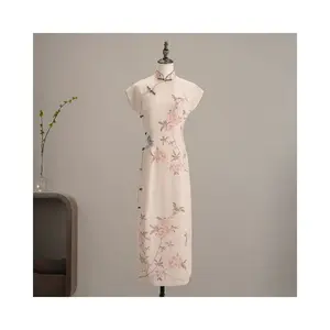 Water Lily Silk Neo-Oriental Peony Print Qipao - Modern New Chinese Style Long Cheongsam in Cream