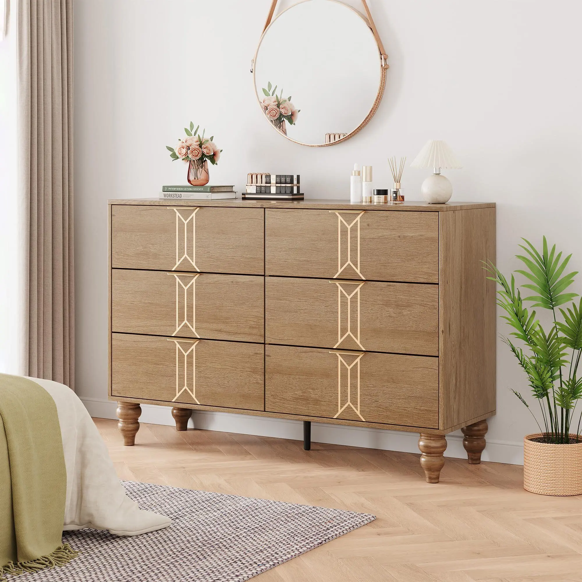 Yellow 6 Drawer Dresser for Bedroom Modern Wood Chest with Deep Drawers Vintage Pattern Design Metal Handles for Living Room Hallway Wood Color