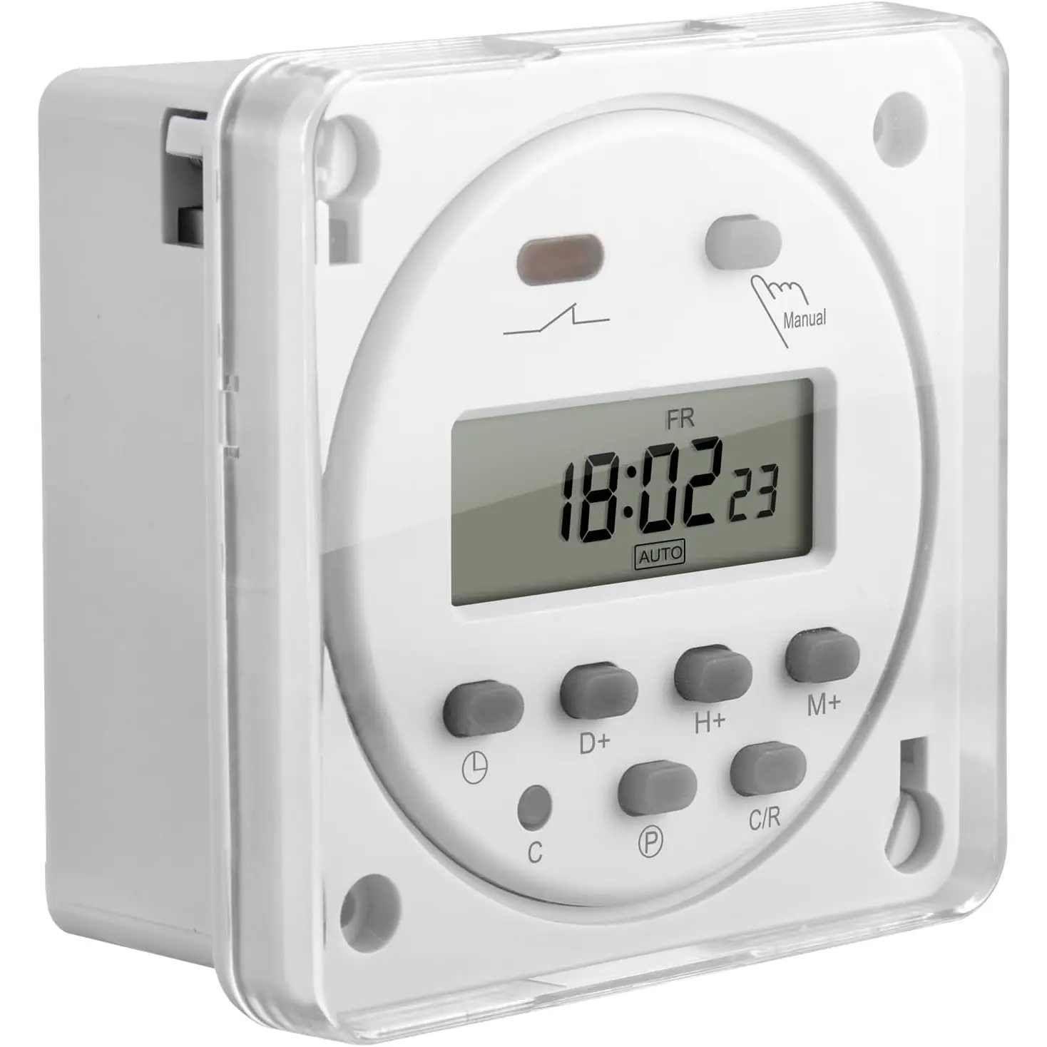 Digital LCD Power Weekly Programmable Timer Relay Switch, CN101A, DC 24V, 16Amp, SPST, with Waterproof Cover White