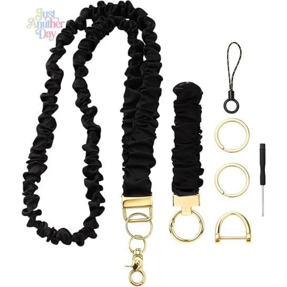 Fashionable Scrunchie Hand Strap Keychain Phone Chain, fabric elastic key and phone charm with gold-tone hardware, soft and stretchy design, versatile as a wristlet, key holder, or phone accessory, sleek black style perfect for everyday use