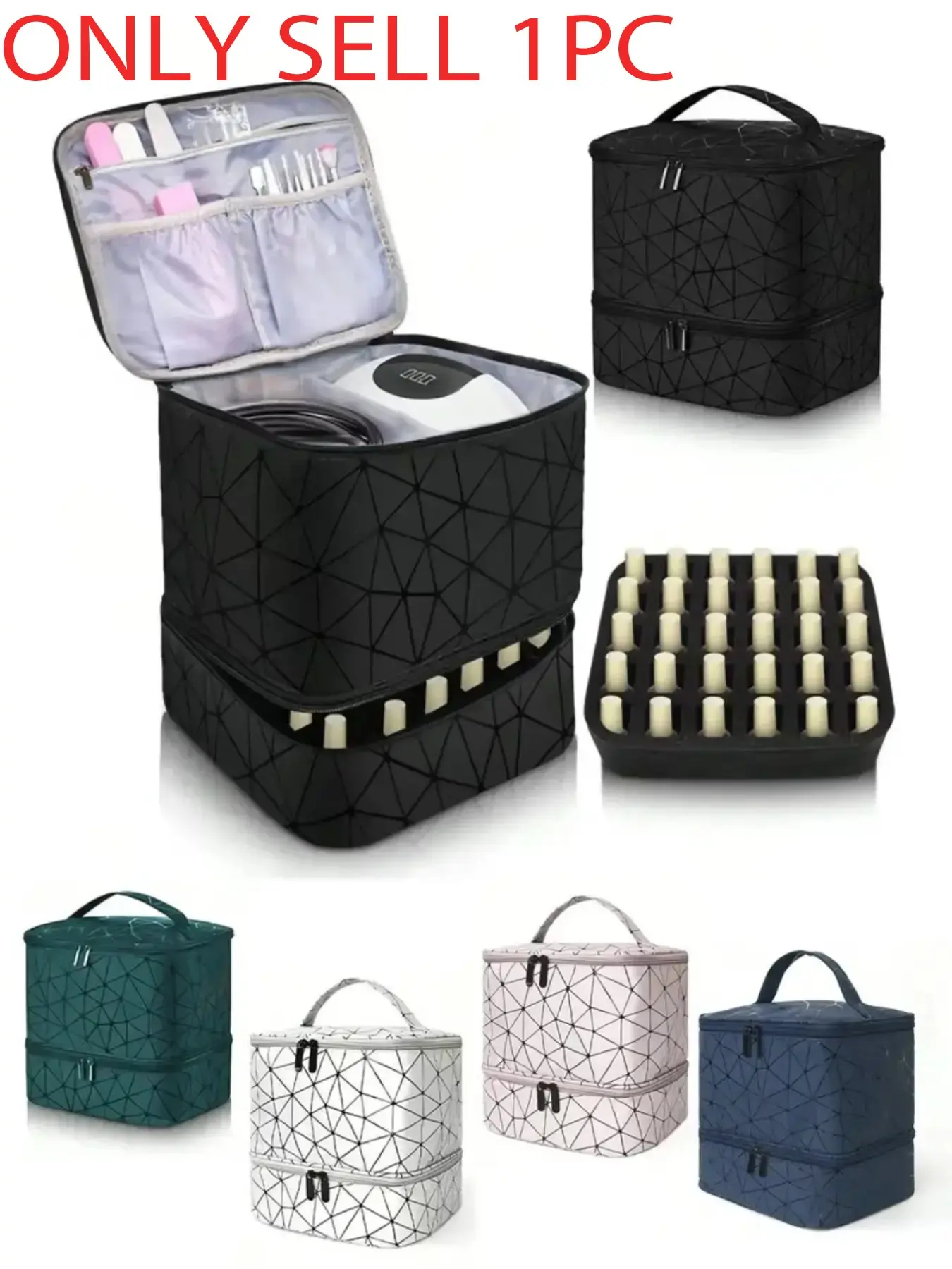Double Layer Nail Polish Organizer Cosmetic Bag, Waterproof Geometric Fabric Nail Tech Case with 30 Bottle Slots, Portable Nail Art Tool Storage Bag for Nail Dryer and Tools, Travel Manicure Kit Bag for Nail Technicians and Enthusiasts