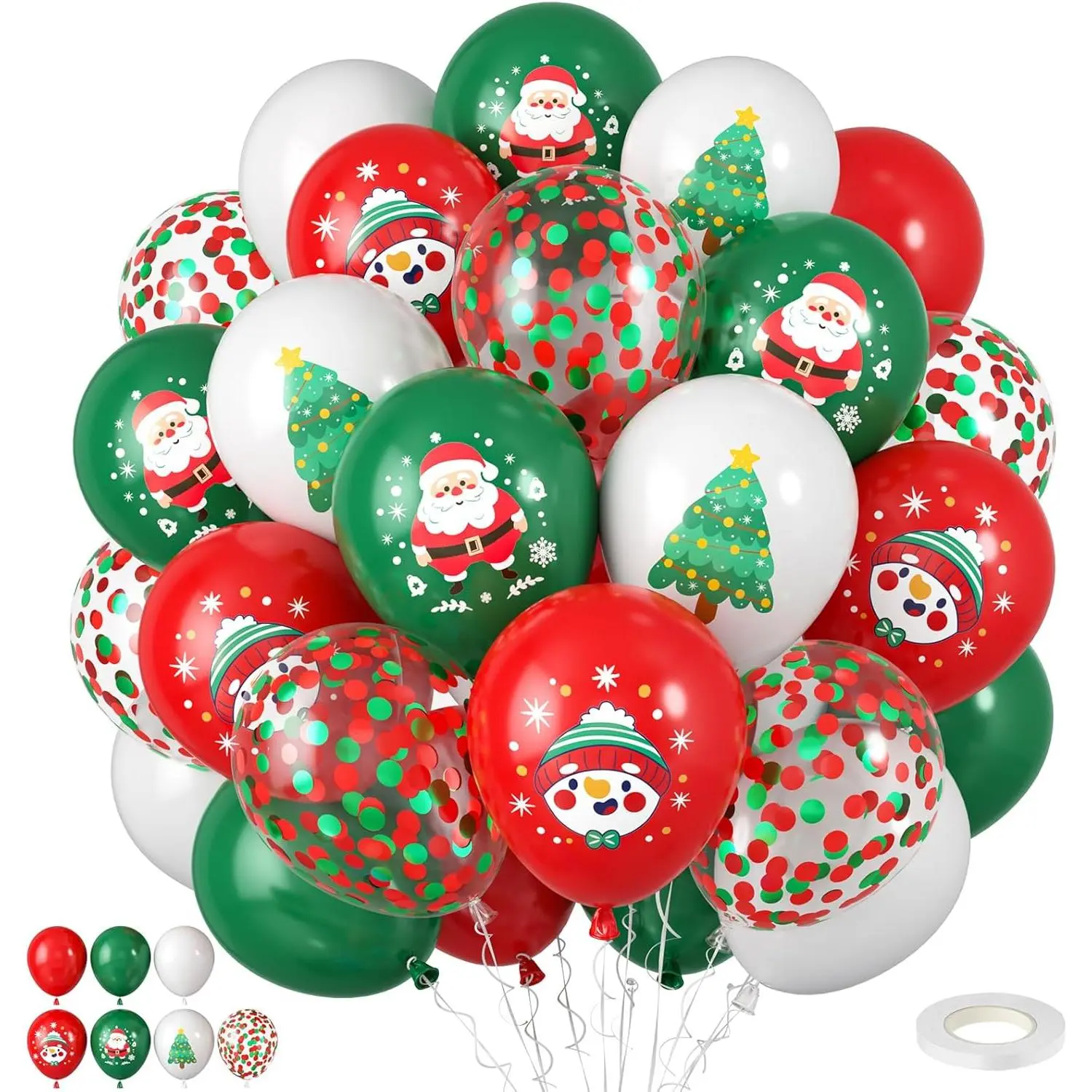 60 Pcs 12 in Latex Christmas Balloons - Red, Green, White with Confetti, Santa, Snowman, Christmas Tree for Festive Party Decorations, Latex Balloons
