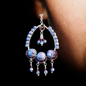 Jewelry Designs by Brandy Frazier Lapis and Glass Seed Beads Wire Wrapped Long Dangling Earrings