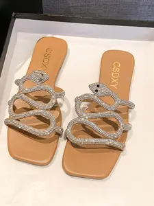 Women's Snake Shape Flat Sandals, Summer New Water Drill Fashion Slippers, Boho Style, Outer Wear, Less Than Ankle Height