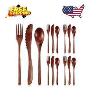12 Pcs Wooden Utensils for Eating Wooden Spoon Fork Knife Cutlery Set