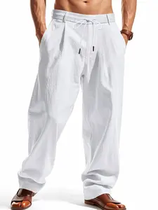 Men's Linen Wide Leg Pants, Breathable Textured Fabric, Drawstring Adjustable, Casual Summer Commuter Wear, Comfortable Home & Outdoor