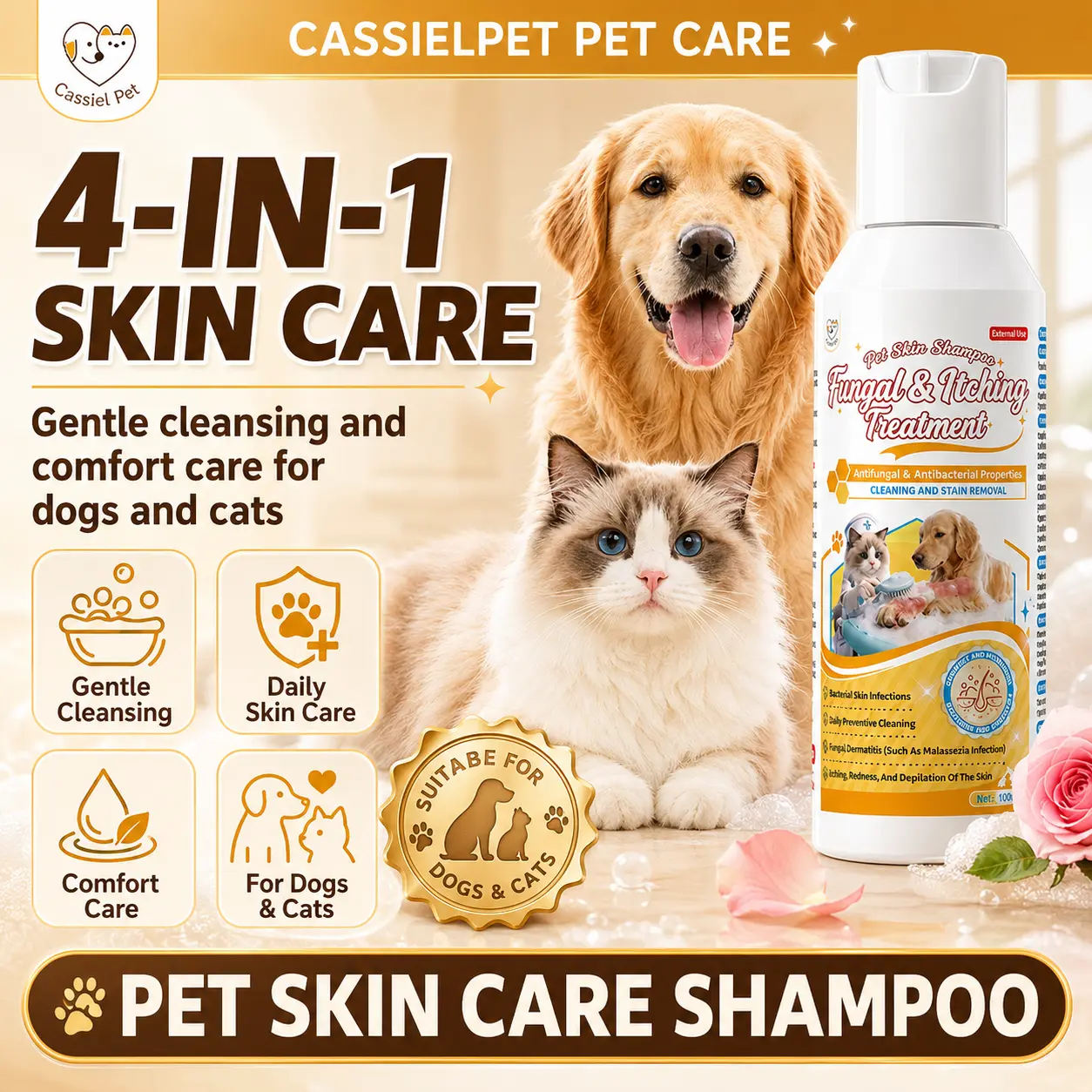 Cassiel Pet Skin & Coat Care Shampoo for Dogs and Cats, Gentle Cleansing Formula with Rose Extract and Salicylic Acid, Helps Remove Excess Oil and Buildup, Supports Moisture Balance, 100ml