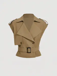 Women's High-End Vest Jacket, V Neck Dual Button Design, Waist Cinching Slimming Fit Fashion, Versatile Stylish Top, Spring, Womenswear