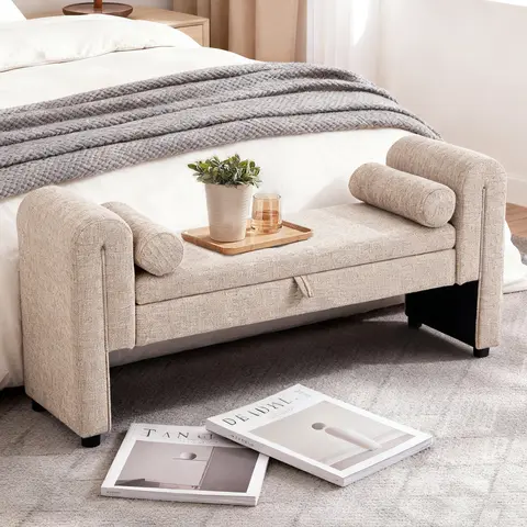 Mid-Century Modern Ottoman Bench with Storage - Linen-Blend Upholstered Stool, Comfy Multipurpose Living Room & Bedroom Furniture Set Accent Piece