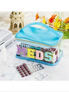 Velvet Letter Patch Wash Bag, Transparent Travel Medicine Storage Bag, Nylon Zipper Makeup Bag, Suitable for Patients and Nurses, Clear Cosmetic Bag, Travel Cosmetic Bags, Travel Essentials, Makeup Pouch