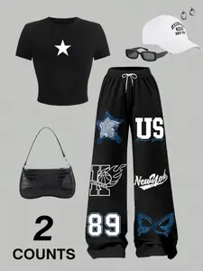 Women's Letter Print Drawstring Pocket Sweatpants & Long Sleeve Crew Neck Tee Two-piece Set, Casual Fashion Cozy Breathable Knit Two Piece Outfits for Daily Wear, Ladies Fall Clothes