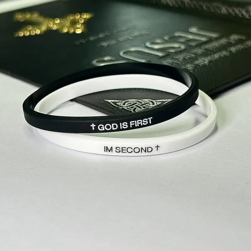 Men's Christian Bracelet Jewelry, 2-Pack Thin Silicone Wristbands Engraved with 'God Is First' & 'I Am Second', Inspirational Faith Gift, Inspirational Bracelet