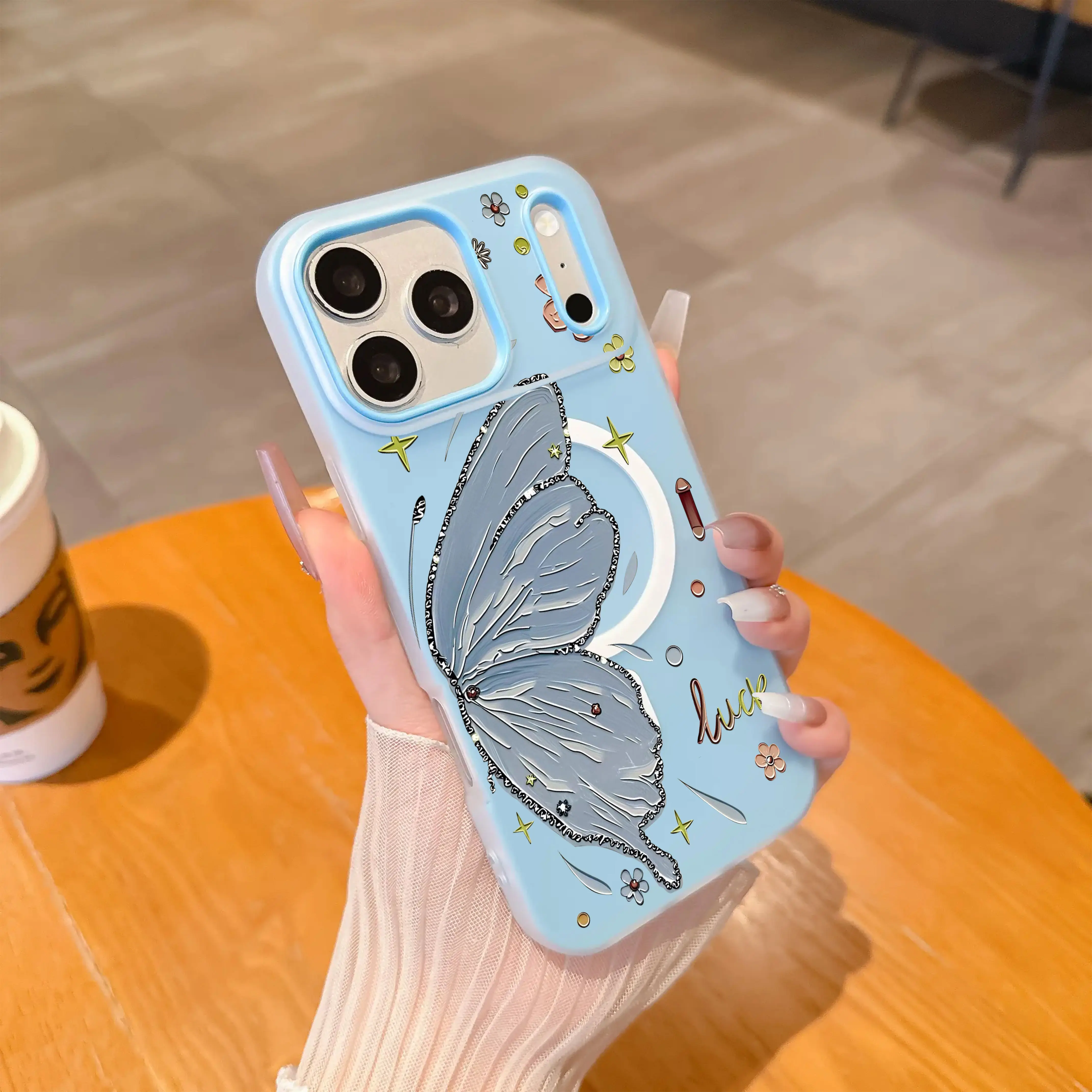Oil Painting Blue Butterfly Phone Case Floral Luck Design Compatible with iPhone 17 Pro Max 16 Pro Max 15 Pro 14 13 12 11 Minimalist Color Matching Phone Cover