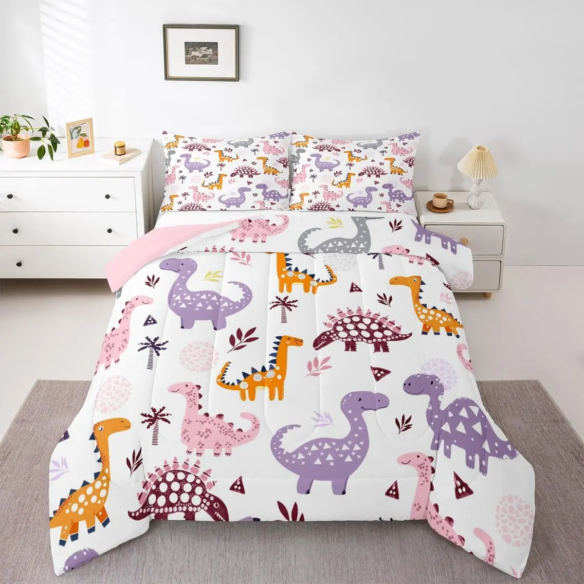 Cartoon Dinosaur Bedding Set Soft,Palm Trees Comforter Set Colorful Dinosaur Duvet Quilt Microfiber Cute Animal Bedroom Decor 1