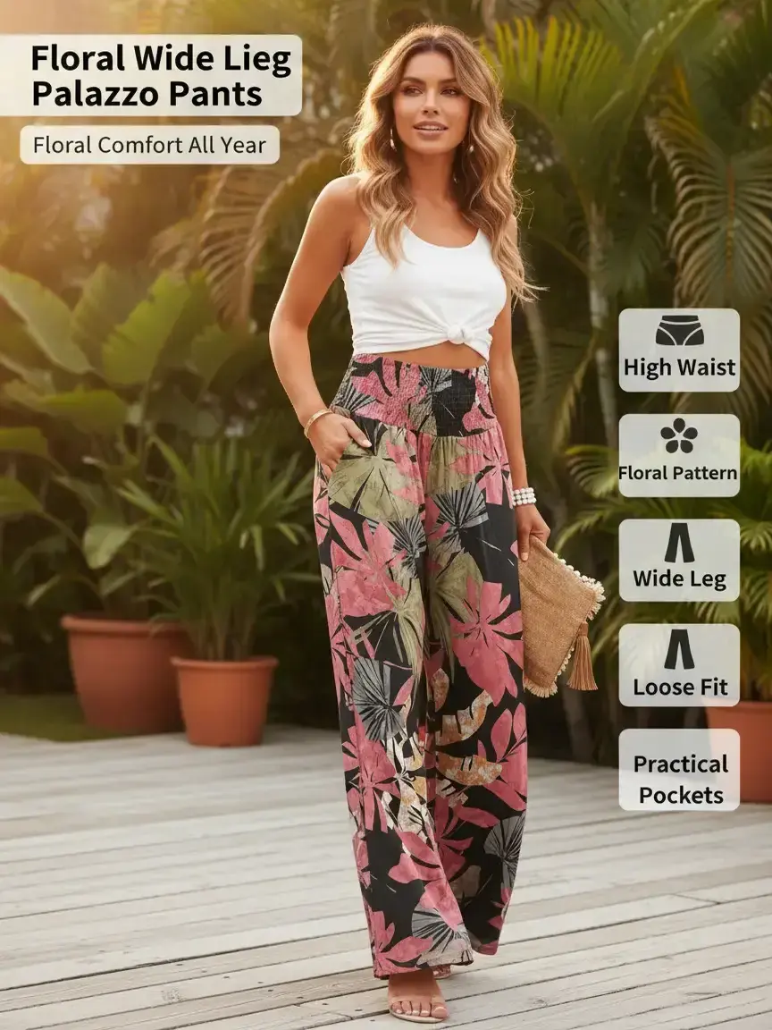 Women's High Waist Floral Wide Leg Palazzo Pants – Casual Loose Fit with Pockets for Beach, Vacation & Everyday Wear