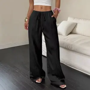 Women's Basic Textured Wide-Leg Loungewear Trousers, Lady's Casual Drawstring Bottoms with Customizable Fit and Stylish Fabric for Daily Wear