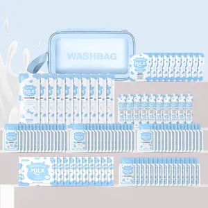 Laikou Milk Travel Set 100pcs Skin Care Sets Kit with Hand Cream, Lip Mask, Sleep Mask, Mud Mask, Cleanser, Essence, Eye Cream, Face Cream and Free Makeup Bag for Skincare on the Go, Moisturizing set
