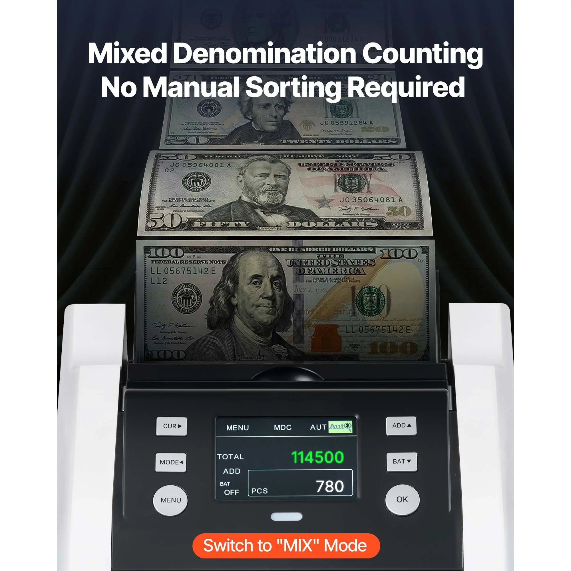 Money Counter Machine, 1200 Notes/Minute, Cash Counter with Value Count, UV/MG/IR/DD/DBL/HLF/CHN Counterfeit Detection, TFT Display, Money Counting Machine Mixed Denomination for Dollar and Euro