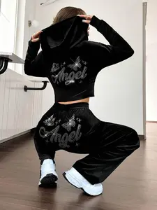 Women's Letter Rhinestone Pattern Zip Up Sweatsuit Set, Casual Style Long Sleeve Hooded Crop Jacket & Pants Set, Ladies Two-piece Outfits for Daily Wear, Athleisure Wear Set