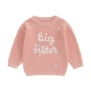 Baby Girl Big Sister Sweaters Cute Long Sleeve Letter Flower Embroidery Knit Pullover Toddler Loose Tops