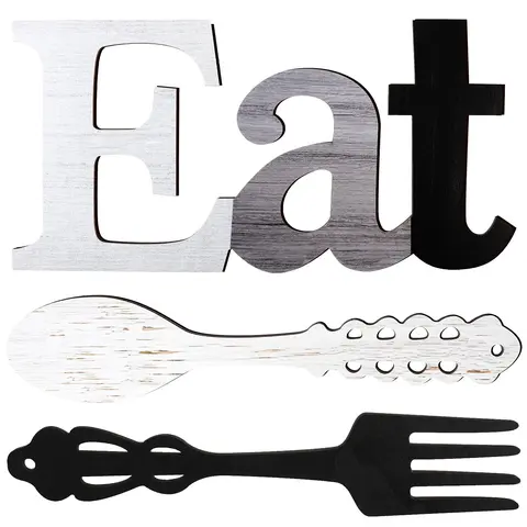 Set of Eat Sign, Fork and Spoon Wall Decor, Rustic Wood Decoration, Cute Eat Letters for Kitchen and Home, Decorative Hanging Wooden Letters, Country Wall Art for Room (Stylish Colors)