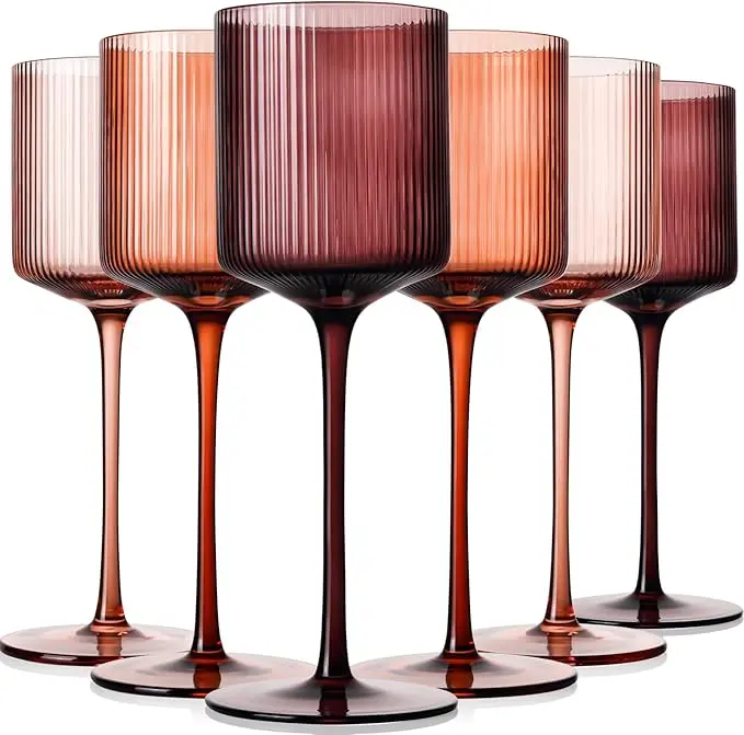 physkoa  Melanin Colored Square Wine Glasses Set of 6, Elegant Ribbed Design Amber Crystal Glassware with Long Stem, 11.5oz Hand Blown Red & White Wine Stemware For Home Bar Deco,Party,Wine Dinner- Multicolour