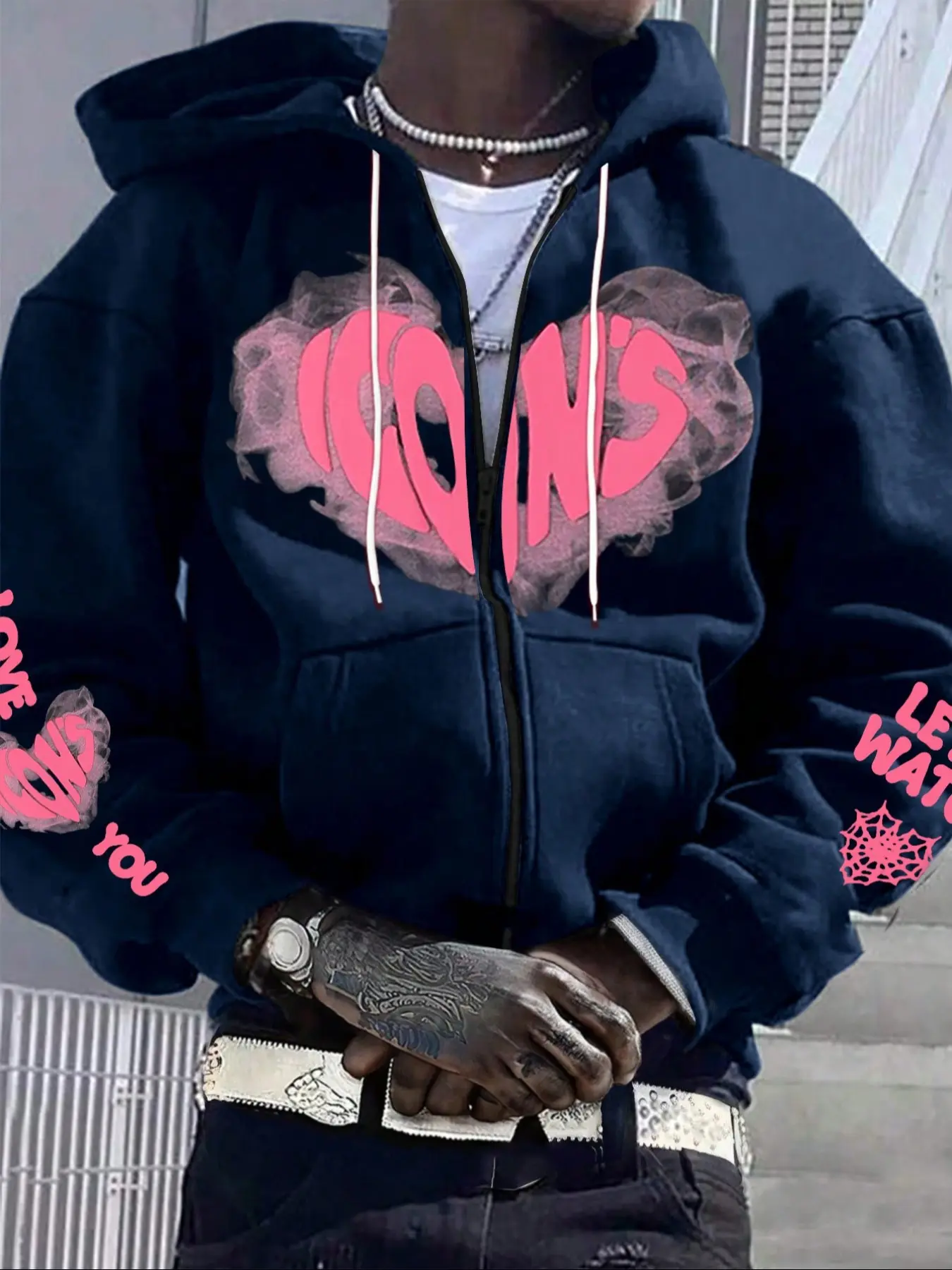 Men's Fleece Lined Fitted Zipper Kangaroo Hoodie, Casual Sporty Hoodies, Thick Winter Warm Sports Jacket, Casual Fashion Stylish Heart Print, High Performance Long Sleeve Hooded Sweatshirt
