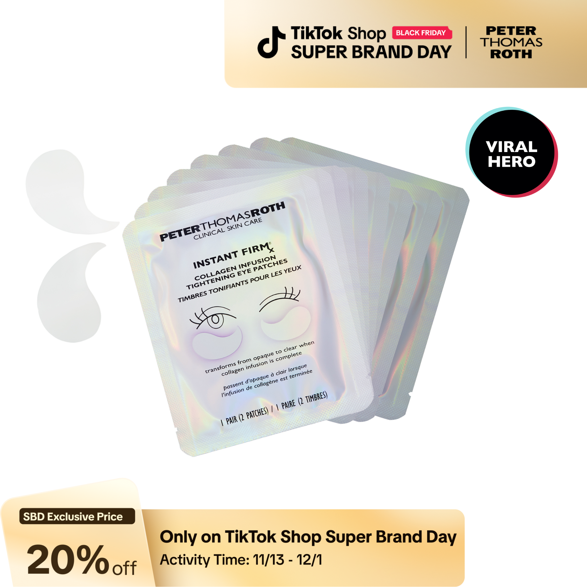 Peter Thomas Roth Instant FIRMx Collagen Infusion Tightening Eye Patches (8 Pairs), Color Changing Collagen Mask, Hydrating Gel Patches with Niacinami