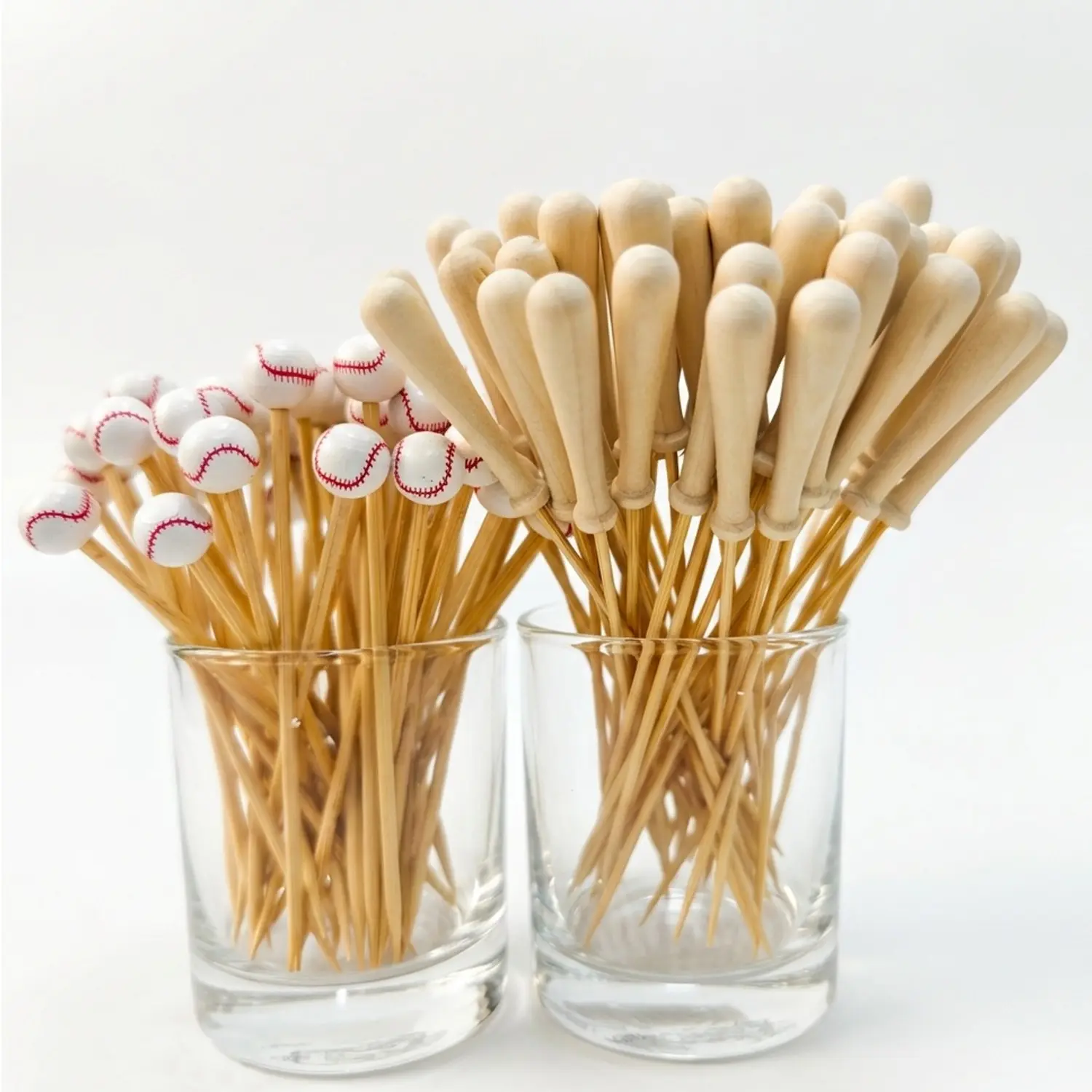 Baseball Bat And Baseball Decorative Cocktail Picks, 4.7 and 6.3 Inch Bamboo Cocktail Sticks, Sport Theme Party Appetizer Toothpicks Baseball Party Supplies