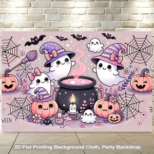 1pc 2D Flat Halloween pty Backdrop Banner - Spooky Ghosts Pumpkins Bats Candles - Pastel Purple Pink Black White Orange Colors - Lightweight Polyester Fabric decor Indoor/Outdoor Halloween pty deco