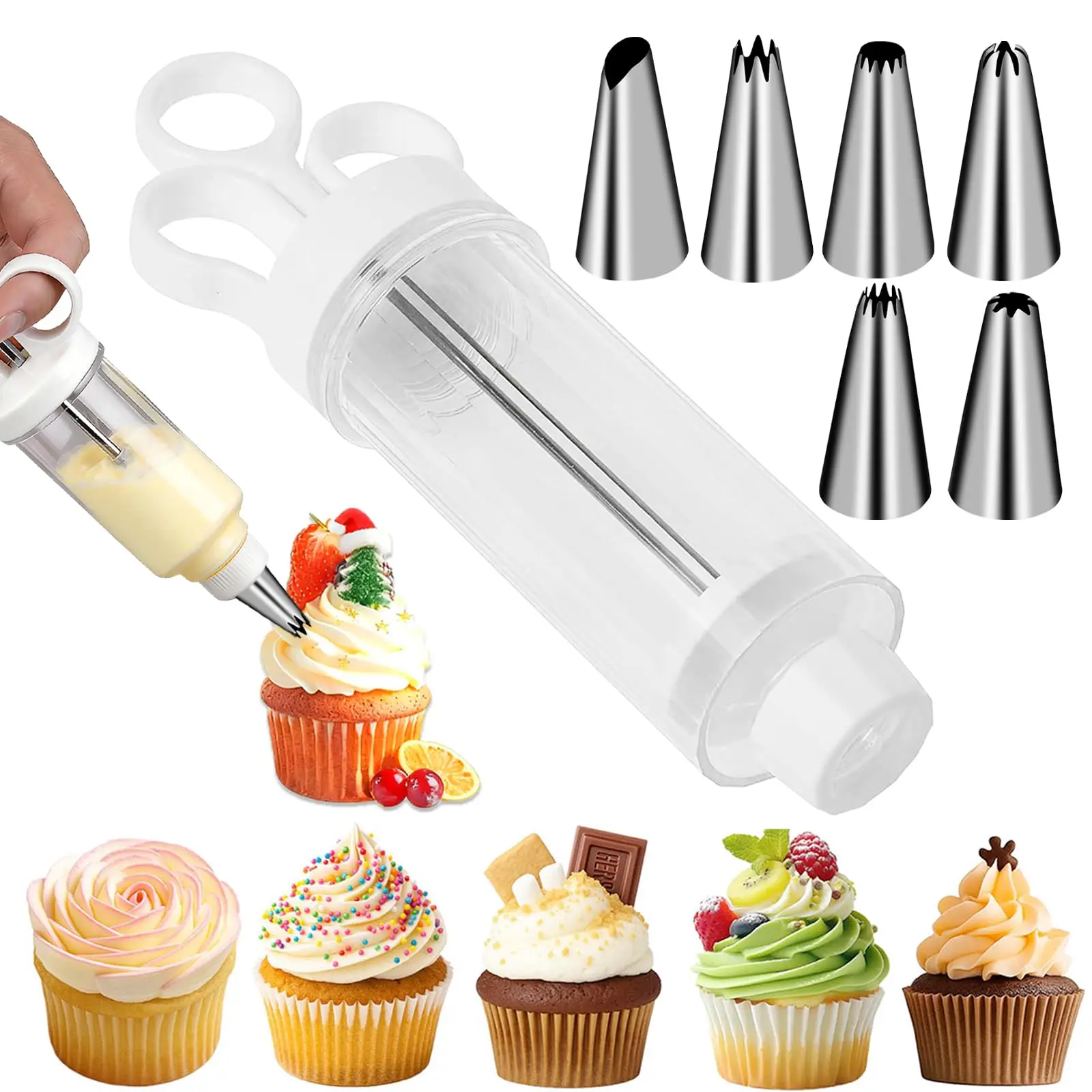 White Food-Grade Icing Piping Bakeware Set - 6-Piece Stainless Steel Nozzles Tips, Plastic 1-Handed Plunger Icing Gun, Professional Pastry Tools for Cakes, Cookie Decorating