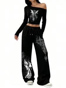 Women's Casual Two-Piece Set with Off-Shoulder Slim-Fitting Top and Loose Relaxed Pants, Gothic and Angel Print, Perfect for All Seasons