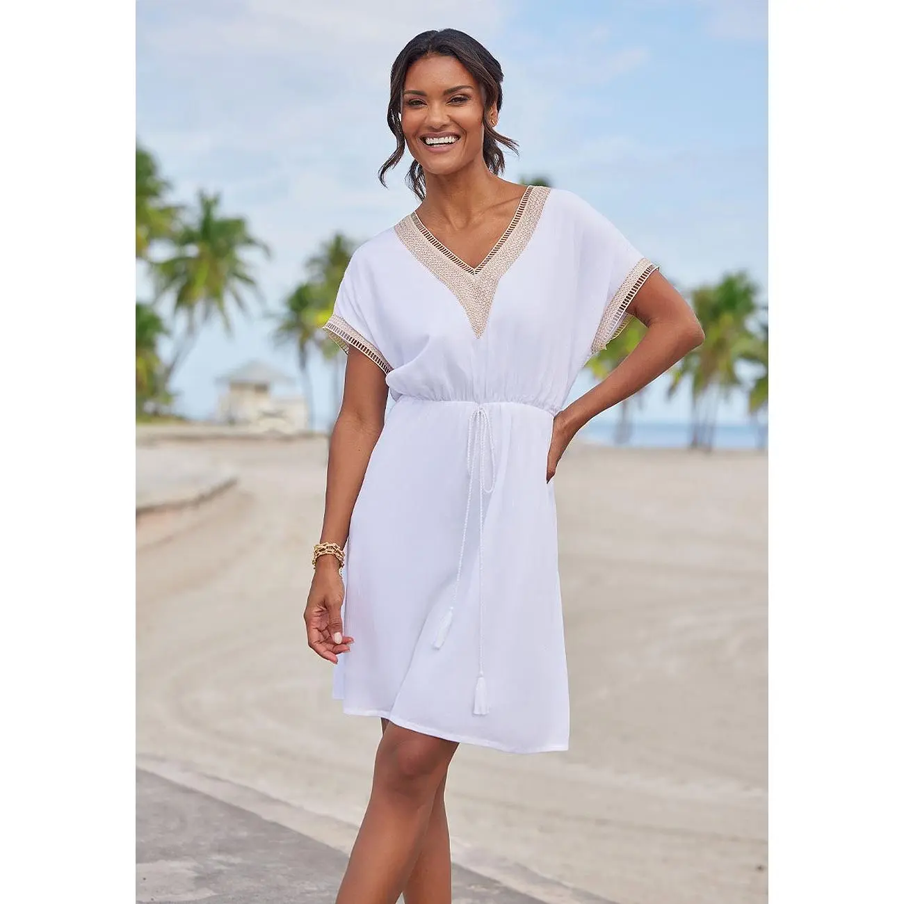LASCANA Women's Crochet Trim V-Neck Dress
