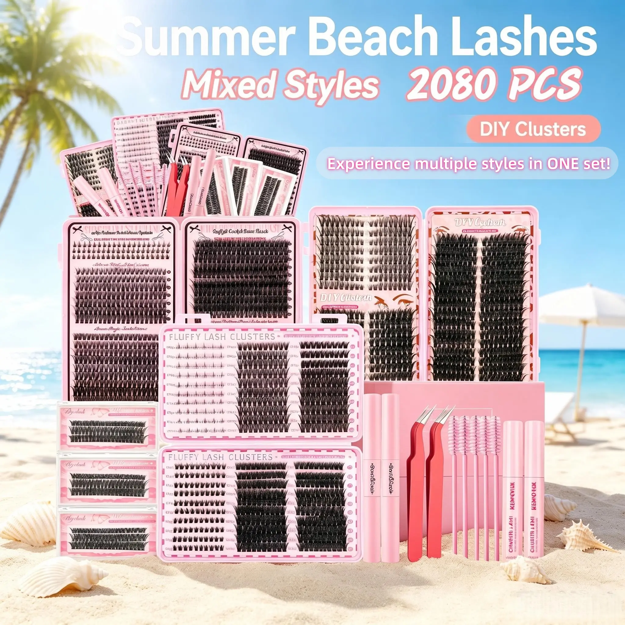 2080Pcs 40D/60D/80D/100D Volume/Manga/Spikes/Cat Eyes/Bottom Clusters Portable Lash Makeup Kit Wispy Individual Eyelash Extensions, Volume Studio Effect Lashes Kit with Lash Bond and Seal Remover Tweezers Brush for Beginners DIY at Home Easily Cosmetic