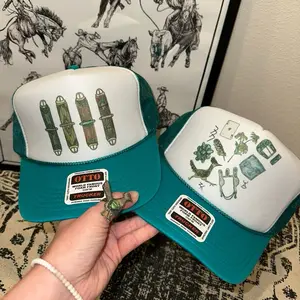 Western Punchy Trucker Hats, western cinches trucker hat, western roadrunner collage trucker hat, western trucker hat, western boutique, trending, handmade, small business