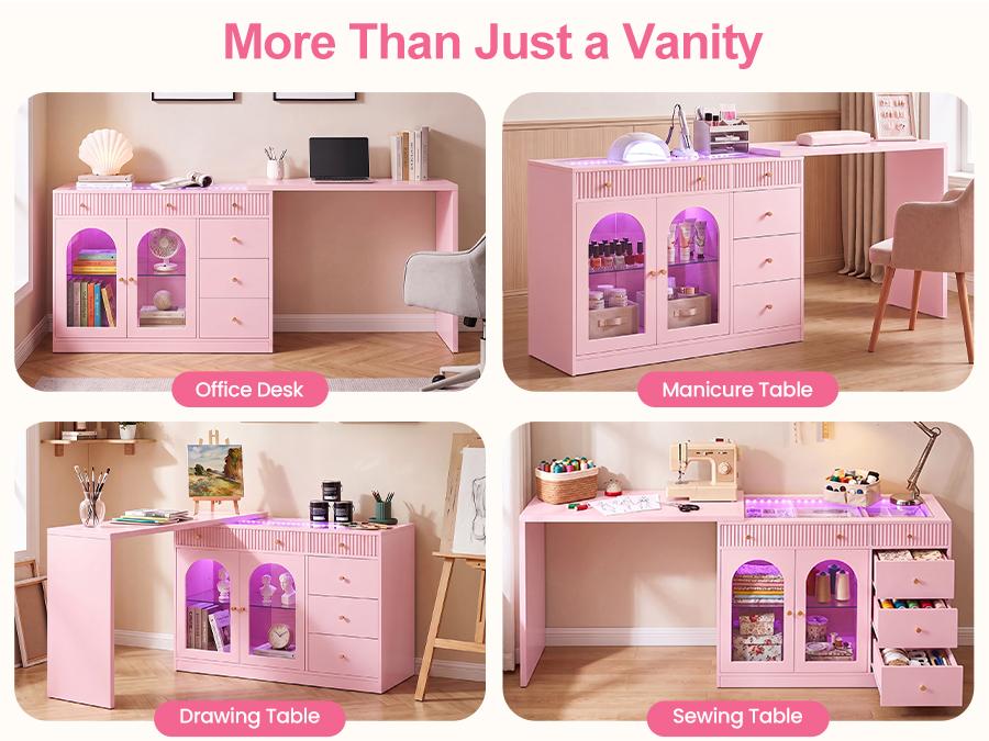 RoyalCraft 59''/75'' Makeup Vanity Desk with Lights, Rotatable & Extendable Dressing Table with Tempered Glass Top, L-shpaed Corner Vanity Table with Drawers and Doors, Perfect for Bedroom, Dressing Room, Pink/Black/White/Beige