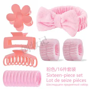 16pcs-Pink-Wave-Shape-Elagant-Solid-Padded-Headband-Wrist-Band-Plush-Scrunchie-Flower-Hair-Clip-Pink-Accessories