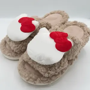 Khaki Kitten Slippers with Cute Bow Kawaii Design Soft Plush Lining for Cozy Home Wear