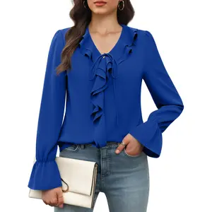 Women's Long Sleeve Chiffon Blouse with Ruffle Cuffs V Neck Tunic Top for Dressy Casual Wear Fall Trendy Work Shirts