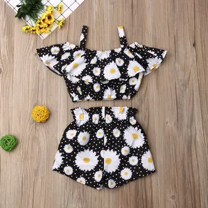 Toddler Baby Girl Clothes Outfits Off Shoulder Ruffled Flower Strap Crop Top + Elastic Band Shorts