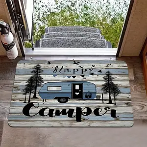 "Happy Camper" RV Door Mat, Rustic Weathered Wood Background with Blue Camper & Pine Tree Print, Non-Slip Backing. Absorbs Dirt & Moisture, Easy to Clean. Perfect for Campers & Outdoor Adventure Decor