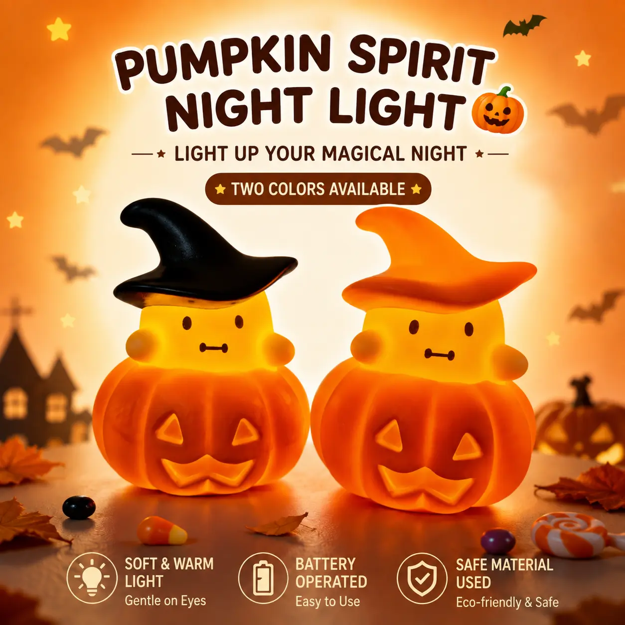 Halloween Pumpkin Spirit Night Light, Cute Witch Hat LED Pumpkin Lamp, Soft Warm Light Battery Operated Desk Decor Lamp, Safe Eco‑Friendly Vinyl Tabletop Ornament, Halloween Party Home Bedroom Decoration, Spooky Holiday Ambient Decor, Ideal Halloween Gift