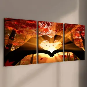 3-count wooden frame canvas, maple forest sunset heart-shaped landscape art poster, fashionable living room decoration art, modern family poster, suitable for corridor, office, room and bedroom decoration, Wooden Wall Art, waterproof printing