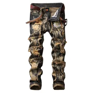 Men’s ripple slim-fit jeans with a distressed brown wash, straight-leg tube cut, comfortable stretch denim with pockets—suitable for all seasons, ideal for everyday wear, streetwear, and off-road/motorcycle riding.