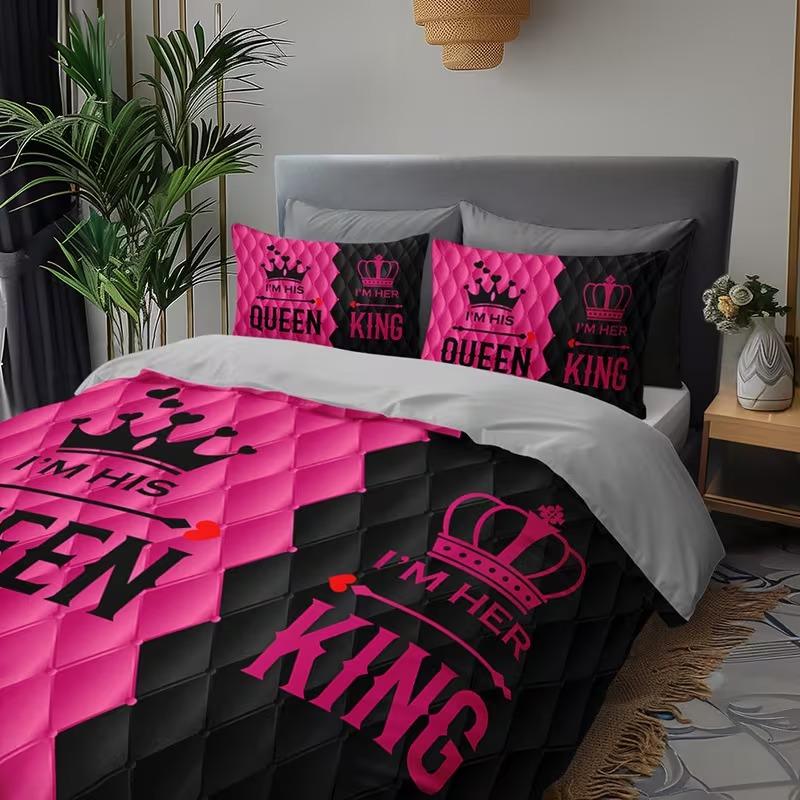 3-piece couple style king and queen printed duvet cover set, Bedroom Bedding Set, Valentine's Day elements, including 1 duvet cover and 2 pillowcases (excluding the core), suitable for all seasons, creating romantic bedroom couple bedding