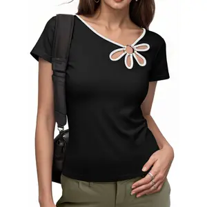 Dokotoo Womens Tops Summer Short Sleeve Crew Neck Slim Fitted Blouse Trendy Cut Out Floral Pattern Basic Tees Shirts