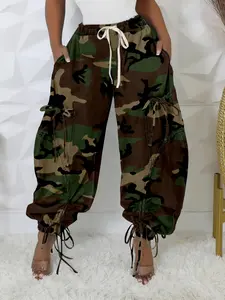 Women's Camo Print Drawstring Waist Pants, Street Fashion Casual Trendy Camouflage Pocket Trousers for Daily Wear, Pants for Women, Pants for Women, Ladies Bottoms Clothing for Fall & Winter, Casual Streetwear Pants, Camo Printed Pants