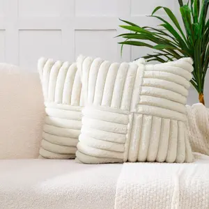 Couch Decorative Throw Pillow Covers 18x18 Set of 2 Faux Fur Plush Soft Velvet Cushion Case Cozy Fuzzy Striped Pillowcase Home Decor for Bed Sofa Living Room,Beige