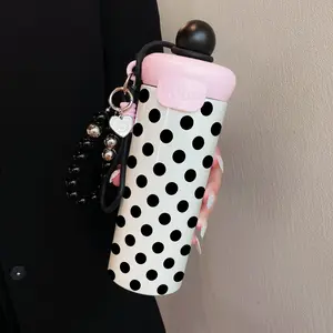 600ML Insulated Mug with Beaded Strap, Polka Dot Pattern, Stainless Steel Travel Cup with Straw, Leak-Proof Durable Coffee Mug for Women, Fashionable Gift & Essential for Home & Commuting