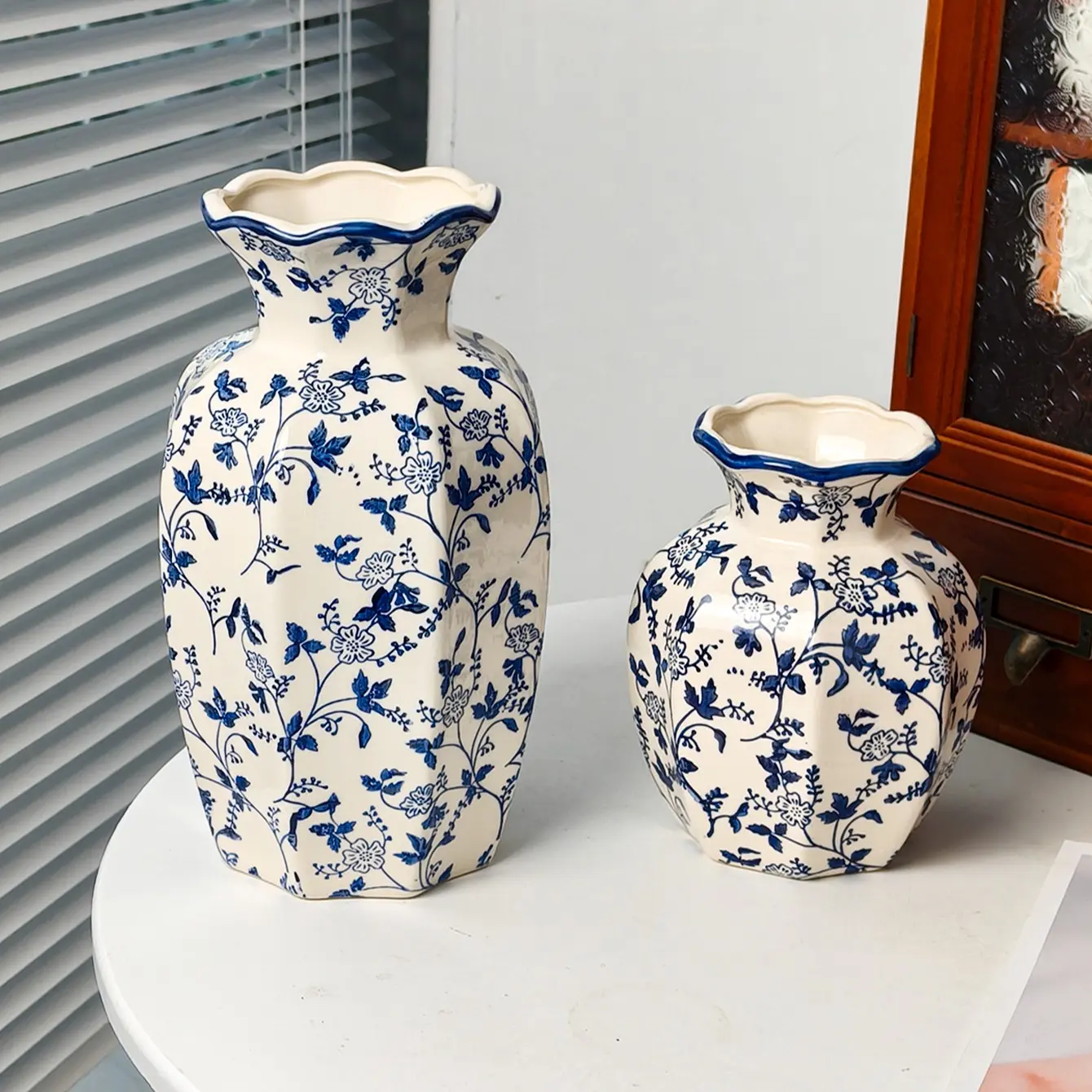 New Traditional Blue and Porcelain Vase, Vintage Floral Pattern Decorative Bottle, Hexagonal Ceramic Flower Arranger, Home Decoration, Vases For Centerpieces